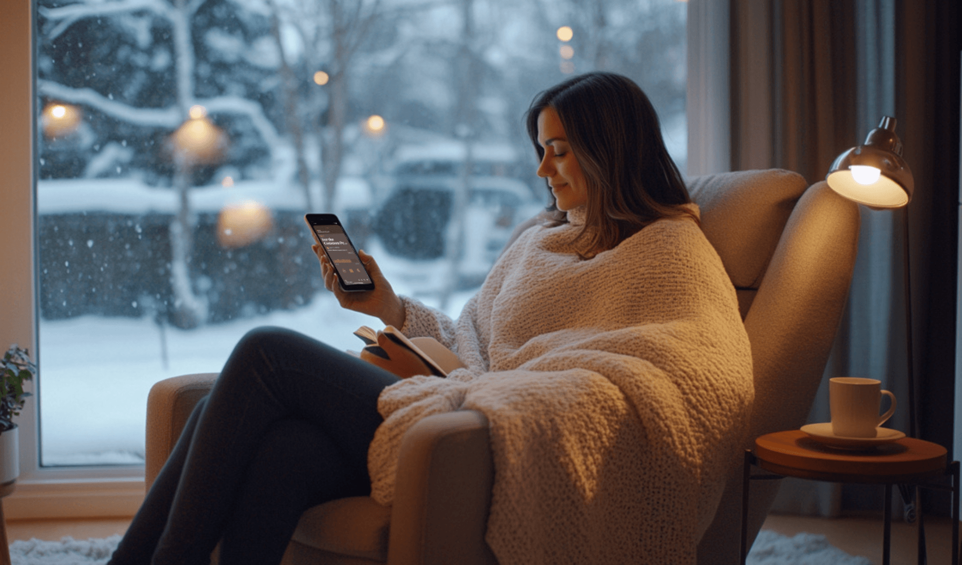 Young woman with phone and reading a book.